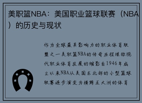 美职篮NBA：美国职业篮球联赛（NBA）的历史与现状