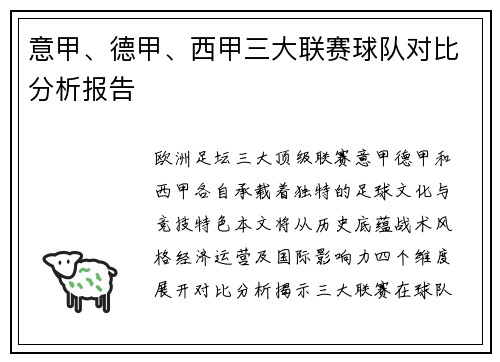 意甲、德甲、西甲三大联赛球队对比分析报告