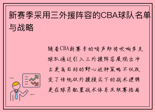 新赛季采用三外援阵容的CBA球队名单与战略